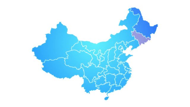 China Map Showing Up Intro By Regions/ 4k animated china map intro background with countries appearing and fading one by one and camera movement
