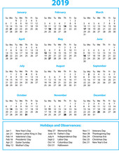 2019 Calendar One Page Blue and Black