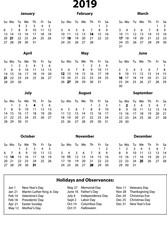 2019 Calendar One Page Black and White