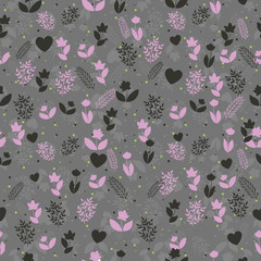 Seamless floral pattern with colored silhouettes of flowers, brunches and hearts and on gray background