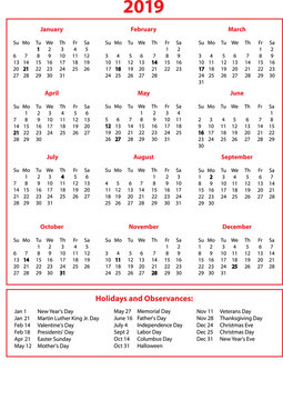 2019 Calendar One Page Red And Black