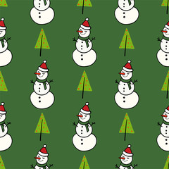 Vector winter pattern for decoration design with snowman and Christmas tree. Happy new year background decoration