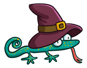 Cute and funny green lizard wearing witch hat for Halloween - vector.