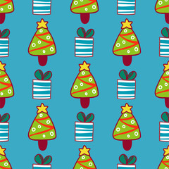 Vector winter pattern for decoration design with Christmas tree and present. New year background decoration
