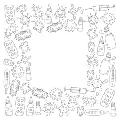 Obraz premium Cough, pills, influenza, flu, sickness. Vector pattern with doodle icons. Healthcare and medicine.
