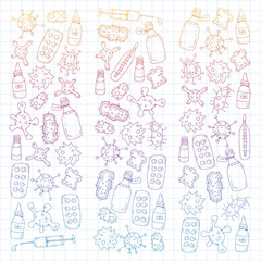 Cough, pills, influenza, flu, sickness. Vector pattern with doodle icons. Healthcare and medicine.