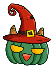 Funny and scary green pumpkin wearing witch hat for Halloween - vector.