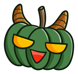 Funny and scary green pumpkin with horn in Halloween - vector