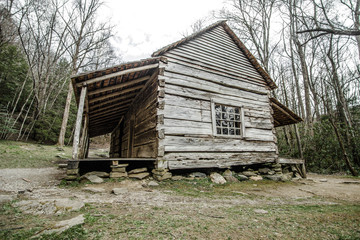 Great Smoky Mountain Cabin. Exterior of historical pioneer log cabin in the Great Smoky Mountains National Park in Gatlinburg, Tennessee.