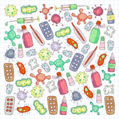 Cough, pills, influenza, flu, sickness. Vector pattern with doodle icons. Healthcare and medicine.