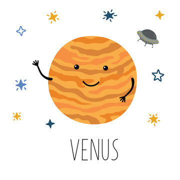 Vector cartoon funny illustration of planet smiling happy Venus in retro flat cartoon style on space star sky. Poster for children room, education.