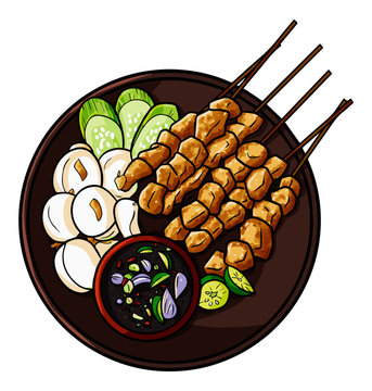 Funny and cute yummy "Sate Klathak", a traditional chiken satay from Yogyakarta, Indonesia - vector