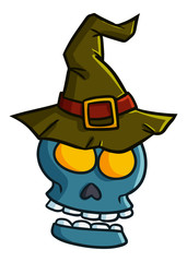 Funny and scary blue green skull wearing witch hat for Halloween - vector.