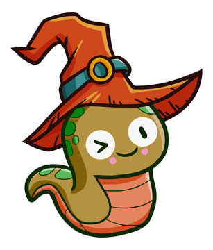 Cute and funny little snake wearing witch hat for Halloween - vector.