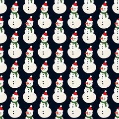 Vector winter pattern for decoration design with snowman on a dark background. Winter background decoration
