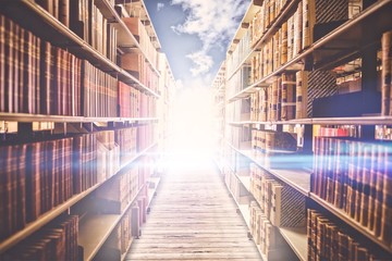 Composite image of close up of a bookshelf