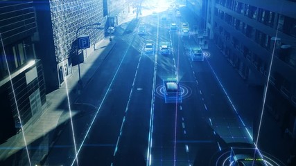 Aerial Drone Shot: Autonomous Self Driving Cars Moving Through City. Concept: Artificial Intelligence Scans Cars and Pedestrians, Following Movement and Showing Data.