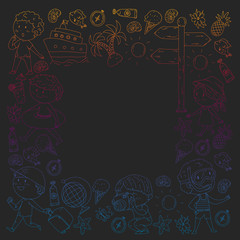 Happy children playing at seashore, beach, sea, ocean. Kids vacation and travelling. Swimming, doodle icons globe, cruise ship, cocktails