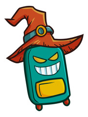 Funny and scary travel suitcase wearing witch hat for Halloween - vector.