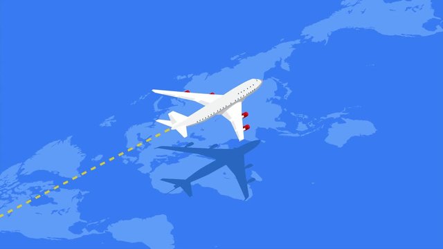 Isometric view of a commercial airplane crossing the world continents. A travel concept infinite animation loop  in 4K resolution