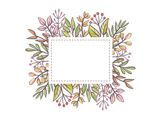 Cute leaves frame template. Hand drawn leaves and berries with an editable blank space in the middle. Floral card template. Vector illustration.