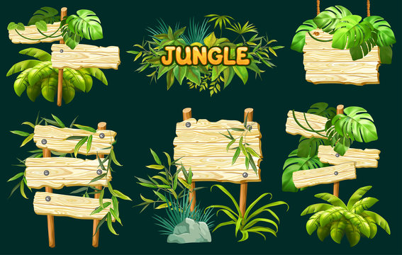 Set old wooden boards decorated leaves liana. Cartoon game panels in jungle style on dark background. Isolated 3d vector illustration.
