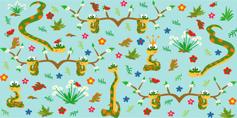 Pattern with cute snakes. Cartoon style. Vector illustration.