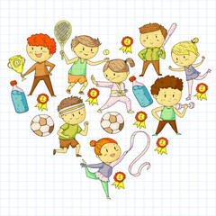 Children sport competitions. Young atheles playing soccer, football, baseball, basketball. Boys and girls running. Images of rhythic gymnastics, figure skating.