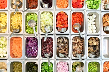 Foto auf Alu-Dibond Top view of salad bar with assortment of ingredients © brostock
