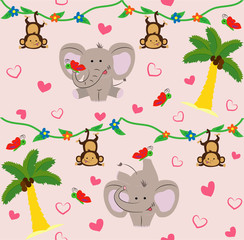 Pattern for kids with cute elephant and monkey. Cartoon style. Vector illustration.