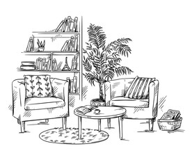 Living room. Two armchairs with coffee teble and a bookshelf vector illustration