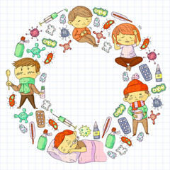 Children medical center. Healthcare illustration. Doodle icons with small kids, infection, fever, cold, virus, illness.