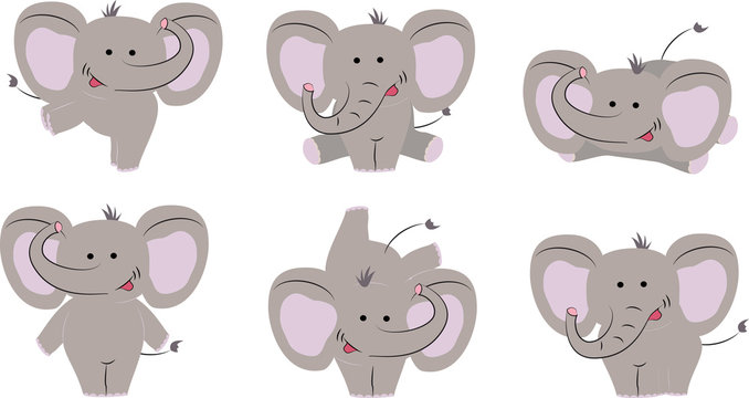 6 poses of nice cute elephant. Cartoon style. Vector illustration.