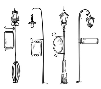 Street lamps with information signs, vector illustration