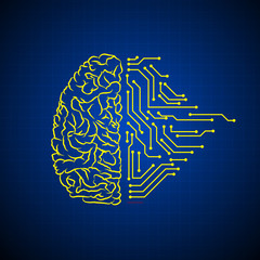 Vector : Brain and electronic circuit on blue background