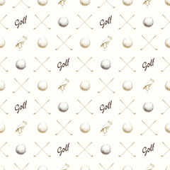 Seamless golf pattern with balls. Vector set of hand-drawn sports equipment. Illustration in sketch style on white background.