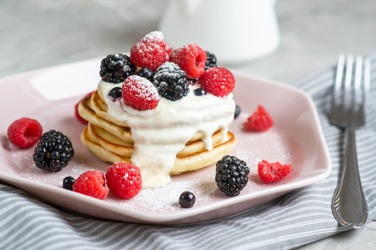 Homemade Pancakes Pastel Pink Plate Sour Cream Berries Coffee Healthy Breakfast Morning Concept