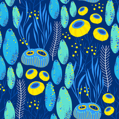 Fototapeta na wymiar Vector seamless pattern on blue background with seaweed, sea sponges and corals. Abstract illustration with floral elements. Natural design.