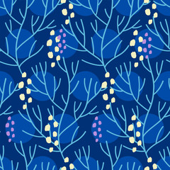 Vector seamless pattern on blue background with seaweed, sea sponges and corals. Abstract illustration with floral elements. Natural design.