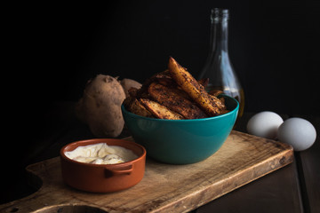 french fries with mayonnaise front view dark food papas fritas con mayonesa vista de frente