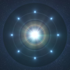 Unidentified flying object - UFO. View from below alien spacecraft. Concept of alien abduction. 3D...