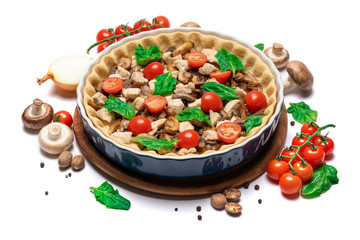 Traditional quiche tart in baking form with filling