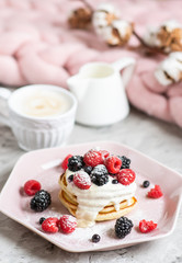 Homemade Pancakes Cappuccino Giant Merino Wool Blanket Pastel Pink Plate Sour Cream Berries Coffee Healthy Breakfast Cotton Flower Morning Concept
