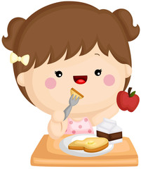 A vector set of a cute little girl eating a healthy breakfast