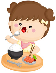A vector set of a cute little girl eating rice with sausage and vegetable