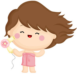 A vector set of a cute little girl blow drying her hair with hair dryer