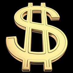 3D rendering of us dollar currency symbol, gold isolated on black background.