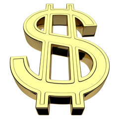 3D rendering of us dollar currency symbol, gold isolated on white background.