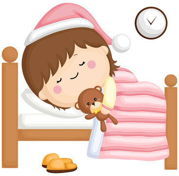 A vector set of a little girl sleeping on her bed at night