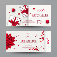 Vector set of elegant Christmas gift vouchers with realistic red bows, gift boxes, toys, ribbons, stars and confetti. Festive background for design of gift cards, coupons and holiday certificates.